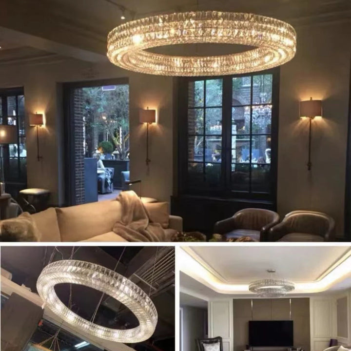 Crystal chandelier in a living room setting with additional views of the fixture.