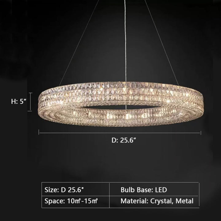 Crystal chandelier with dimensions and specifications on a black background