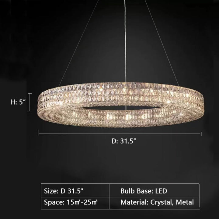 Crystal chandelier with dimensions and specifications on a black background