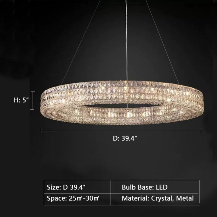 Crystal chandelier with dimensions and specifications on a black background