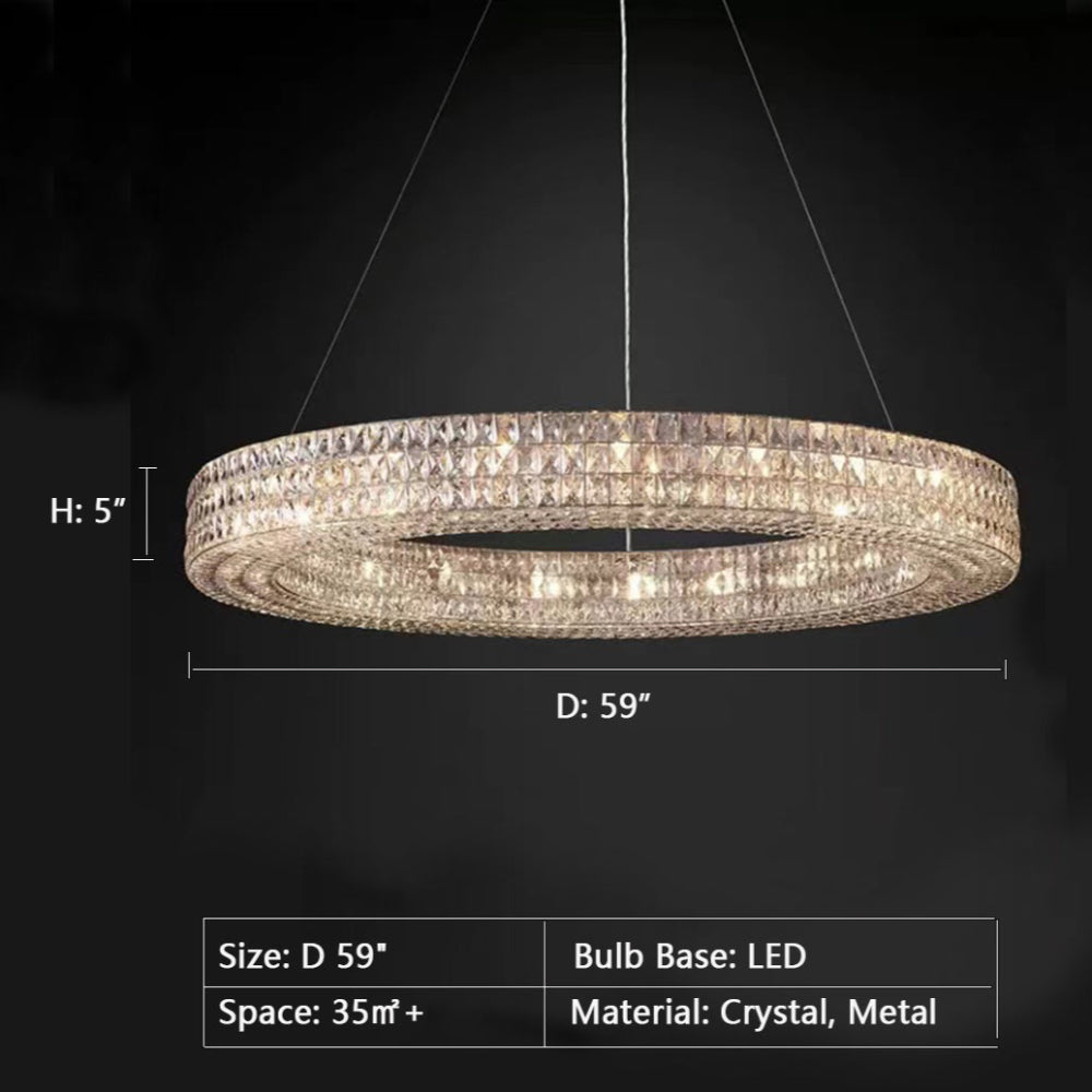 Crystal chandelier with dimensions and specifications on a black background