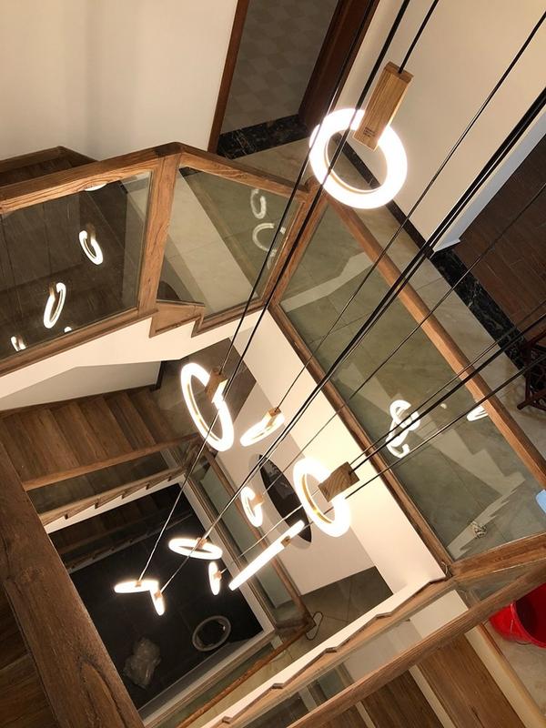Best new Modern LED Lighting Nordic Living Room Acrylic Rings Fixtures Wood Stair Chandelier